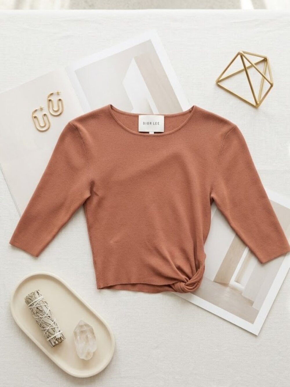 Dion Lee Short Sleeve Twist Cropped Tee in Faded Clay Color XS